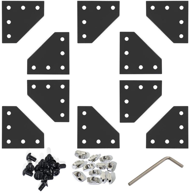 Boeray 10pcs 2020 Series 5 Hole Surface Anodic Oxidation L Shape Plate Outside Corner Bracket Aluminum Profile Connector Set with 50pcs T Nut + 50pcs Hex Screw + 1pcs Wrench Black - Image 1